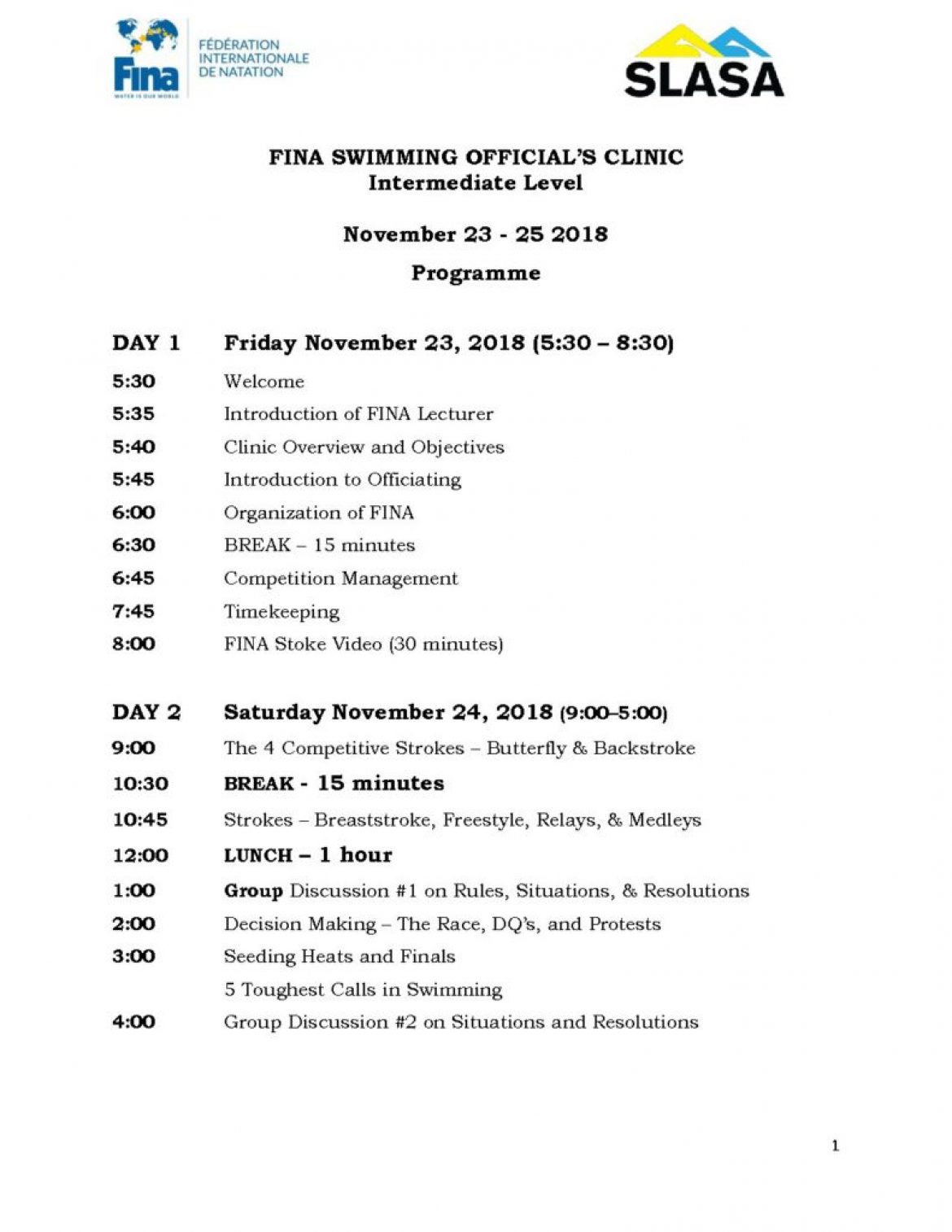 Revised Fina Swimming Officials Clinic Program (Intermediate Level) November 23rd -25th